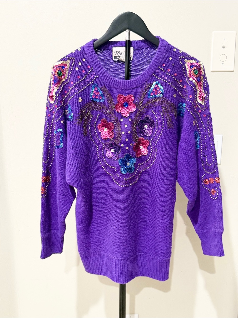 Vintage 90s Marnie West Purple Silk Angora Beaded Sweater Batwing Dolman Retro